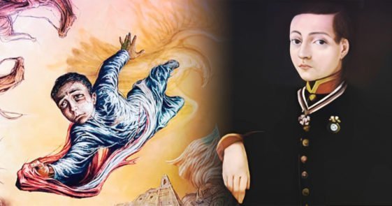 Pintura de Juan Escutia y mural de el niño héroe envuelto en la bandera de México