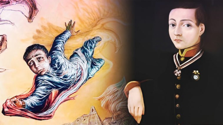 Pintura de Juan Escutia y mural de el niño héroe envuelto en la bandera de México