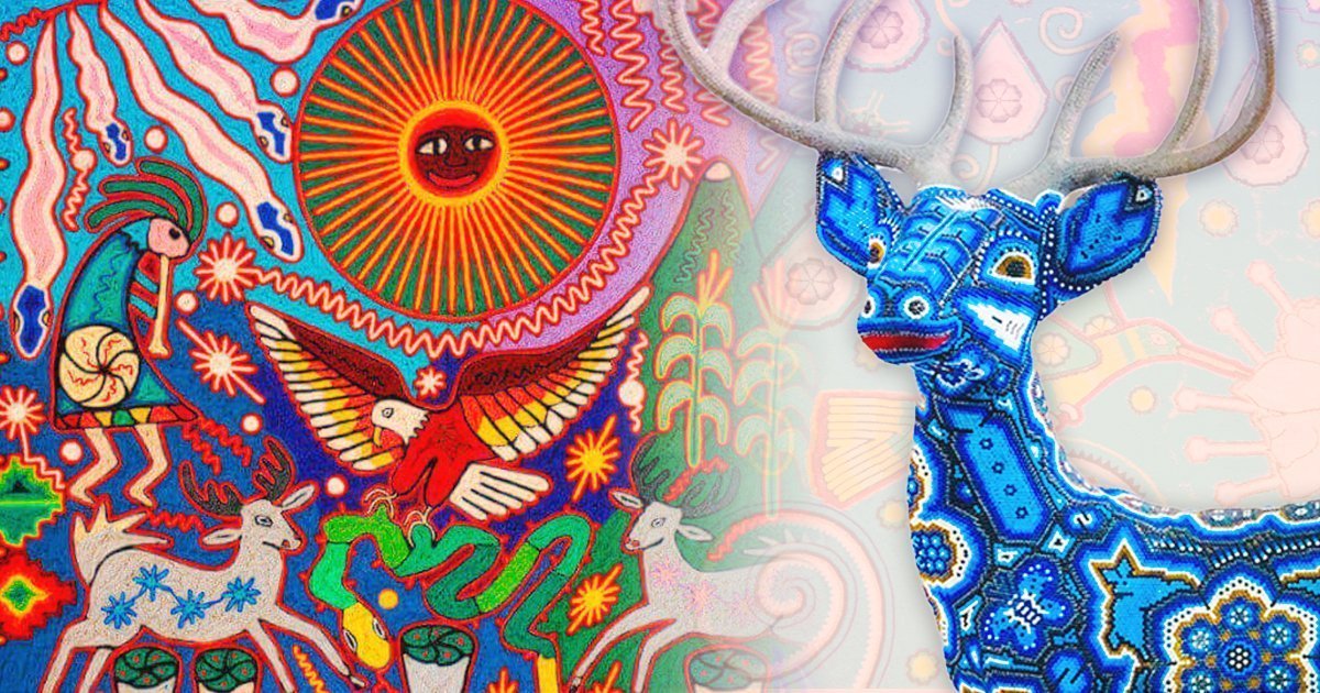 Mural huichol con un venado en arte de chaquira y mural