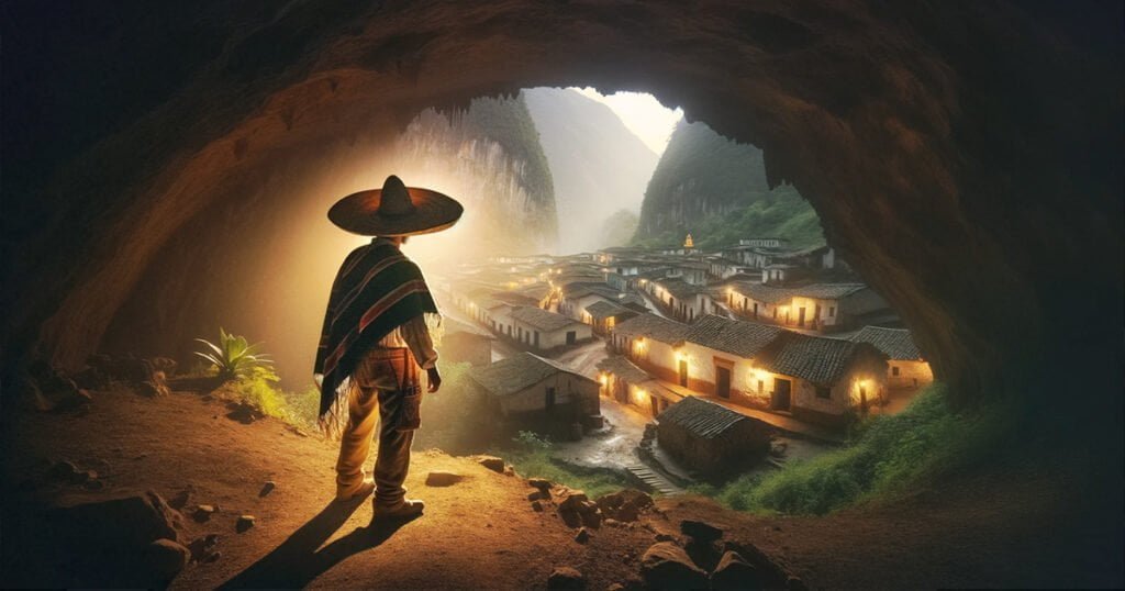 Un hombre con vestimenta tradicional de un pueblo rural de México, como un sombrero de paja y ropa sencilla pero colorida, está adentrándose en una cueva misteriosa en el Cerro de San Juan. En la cueva, se revela un pequeño pueblo con casas de estilo antiguo, donde el tiempo parece haberse detenido. La iluminación es tenue y misteriosa, realzando la sensación de descubrimiento y asombro. La escena captura el momento en que el hombre descubre este lugar oculto y mágico, reflejando la esencia de la leyenda.