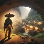 Un hombre con vestimenta tradicional de un pueblo rural de México, como un sombrero de paja y ropa sencilla pero colorida, está adentrándose en una cueva misteriosa en el Cerro de San Juan. En la cueva, se revela un pequeño pueblo con casas de estilo antiguo, donde el tiempo parece haberse detenido. La iluminación es tenue y misteriosa, realzando la sensación de descubrimiento y asombro. La escena captura el momento en que el hombre descubre este lugar oculto y mágico, reflejando la esencia de la leyenda.