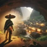 Un hombre con vestimenta tradicional de un pueblo rural de México, como un sombrero de paja y ropa sencilla pero colorida, está adentrándose en una cueva misteriosa en el Cerro de San Juan. En la cueva, se revela un pequeño pueblo con casas de estilo antiguo, donde el tiempo parece haberse detenido. La iluminación es tenue y misteriosa, realzando la sensación de descubrimiento y asombro. La escena captura el momento en que el hombre descubre este lugar oculto y mágico, reflejando la esencia de la leyenda.