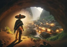 Un hombre con vestimenta tradicional de un pueblo rural de México, como un sombrero de paja y ropa sencilla pero colorida, está adentrándose en una cueva misteriosa en el Cerro de San Juan. En la cueva, se revela un pequeño pueblo con casas de estilo antiguo, donde el tiempo parece haberse detenido. La iluminación es tenue y misteriosa, realzando la sensación de descubrimiento y asombro. La escena captura el momento en que el hombre descubre este lugar oculto y mágico, reflejando la esencia de la leyenda.