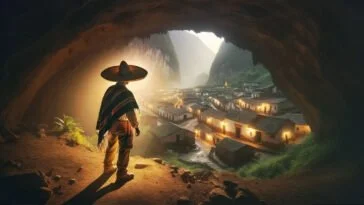 Un hombre con vestimenta tradicional de un pueblo rural de México, como un sombrero de paja y ropa sencilla pero colorida, está adentrándose en una cueva misteriosa en el Cerro de San Juan. En la cueva, se revela un pequeño pueblo con casas de estilo antiguo, donde el tiempo parece haberse detenido. La iluminación es tenue y misteriosa, realzando la sensación de descubrimiento y asombro. La escena captura el momento en que el hombre descubre este lugar oculto y mágico, reflejando la esencia de la leyenda.
