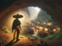 Un hombre con vestimenta tradicional de un pueblo rural de México, como un sombrero de paja y ropa sencilla pero colorida, está adentrándose en una cueva misteriosa en el Cerro de San Juan. En la cueva, se revela un pequeño pueblo con casas de estilo antiguo, donde el tiempo parece haberse detenido. La iluminación es tenue y misteriosa, realzando la sensación de descubrimiento y asombro. La escena captura el momento en que el hombre descubre este lugar oculto y mágico, reflejando la esencia de la leyenda.
