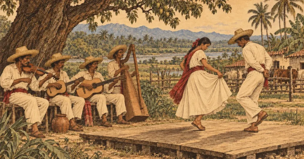 Ilustración de un mariachi antiguo con violín, vihuela, guitarra y arpa, mientras una pareja zapatea sobre una tarima de madera en un rancho de la costa de Nayarit
