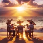 Una representación de la música tradicional de Nayarit en medio de un mercado bullicioso, con vendedores y visitantes disfrutando de la melodía, edificios de colores y sombrillas que crean un ambiente vibrante y festivo