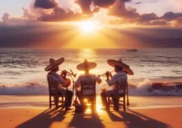 Una representación de la música tradicional de Nayarit en medio de un mercado bullicioso, con vendedores y visitantes disfrutando de la melodía, edificios de colores y sombrillas que crean un ambiente vibrante y festivo