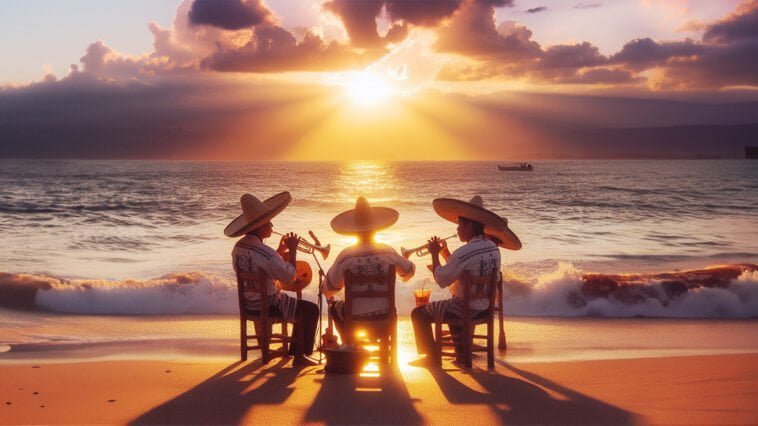 Una representación de la música tradicional de Nayarit en medio de un mercado bullicioso, con vendedores y visitantes disfrutando de la melodía, edificios de colores y sombrillas que crean un ambiente vibrante y festivo
