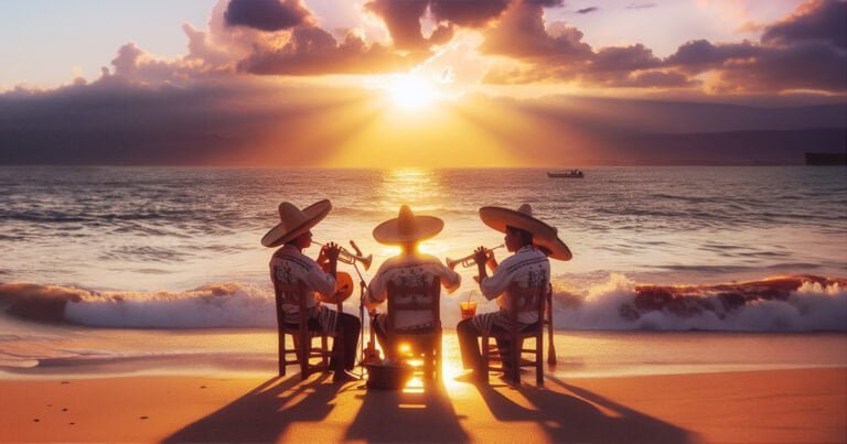 ¿Cuál es la música tradicional de Nayarit? 4 Una representación de la música tradicional de Nayarit en medio de un mercado bullicioso, con vendedores y visitantes disfrutando de la melodía, edificios de colores y sombrillas que crean un ambiente vibrante y festivo