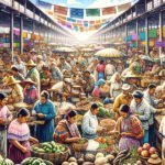 Representación artística de la la diversidad lingüistica de Nayarit que muestra un mercado tradicional en Nayarit, lleno de colores vibrantes y puestos de comida humeantes, gente animada conversando y comerciantes entusiastas, una atmósfera bulliciosa pero alegre.