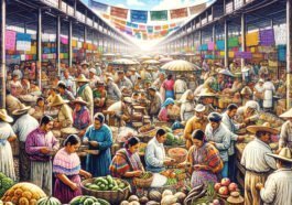 Representación artística de la la diversidad lingüistica de Nayarit que muestra un mercado tradicional en Nayarit, lleno de colores vibrantes y puestos de comida humeantes, gente animada conversando y comerciantes entusiastas, una atmósfera bulliciosa pero alegre.
