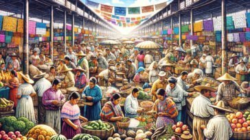 Representación artística de la la diversidad lingüistica de Nayarit que muestra un mercado tradicional en Nayarit, lleno de colores vibrantes y puestos de comida humeantes, gente animada conversando y comerciantes entusiastas, una atmósfera bulliciosa pero alegre.