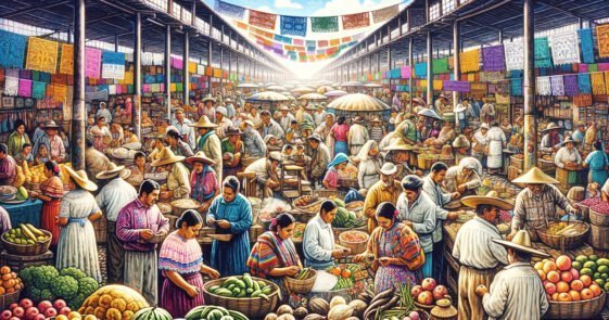 Representación artística de la la diversidad lingüistica de Nayarit que muestra un mercado tradicional en Nayarit, lleno de colores vibrantes y puestos de comida humeantes, gente animada conversando y comerciantes entusiastas, una atmósfera bulliciosa pero alegre.