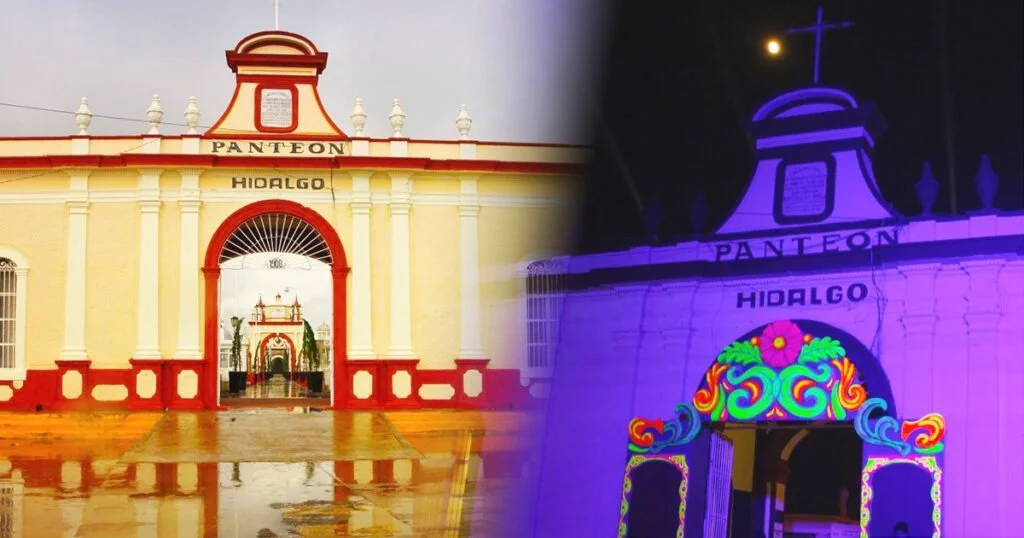 Fachada del Panteón Hidalgo de Tepic de día y de noche
