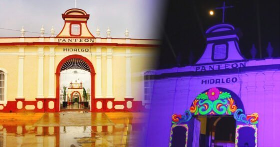 Fachada del Panteón Hidalgo de Tepic de día y de noche