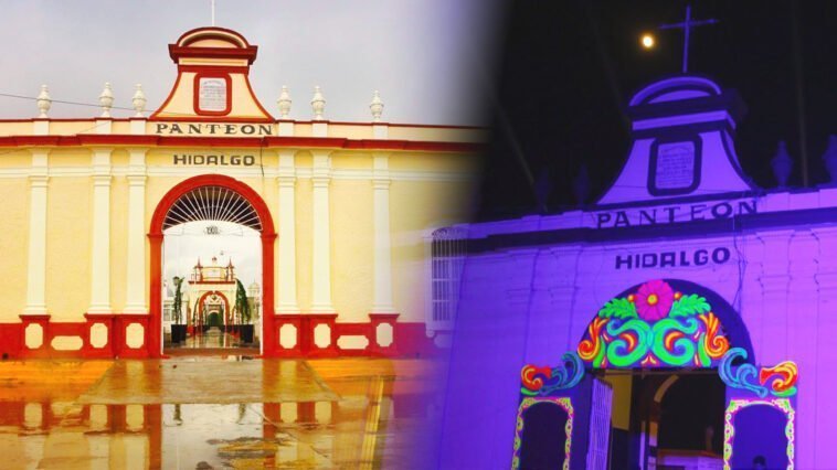 Fachada del Panteón Hidalgo de Tepic de día y de noche
