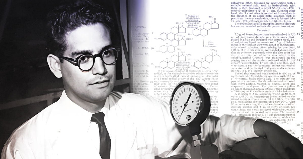 Fotografía a blanco y negro de Luis Miramontes, de fondo la primera patente de un anticonceptivo