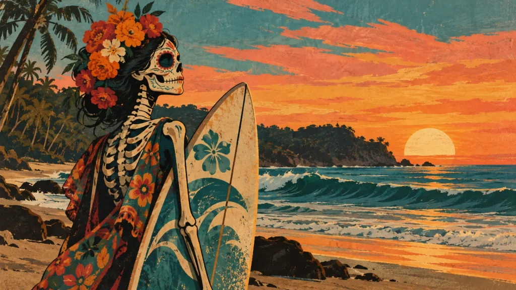 Día de Muertos en Nayarit: tradiciones y festivales 2026 3 Ilustración de una catrina con tabla de surf frente a una playa de Sayulita al atardecer