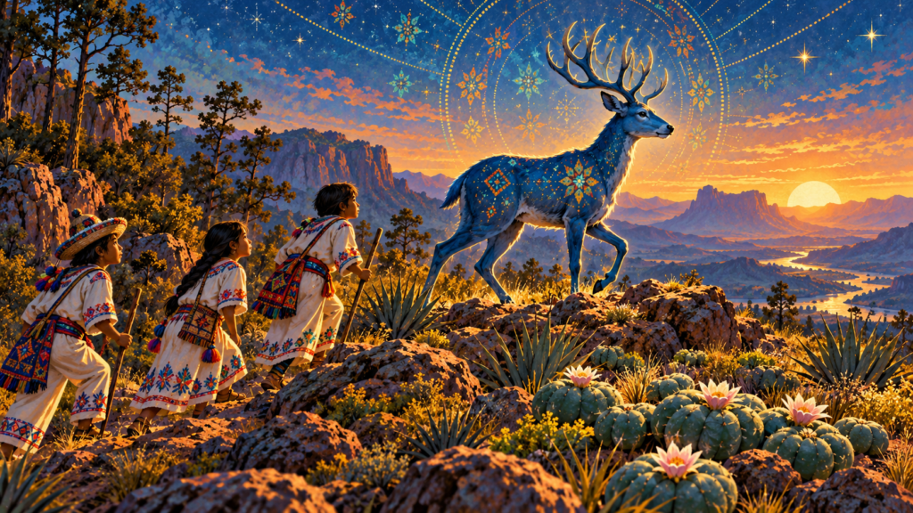 La Leyenda del Venado Azul Huichol 3 Ilustración del Venado Azul guiando a tres jóvenes por un paisaje montañoso hacia un lugar con plantas de hikuri.