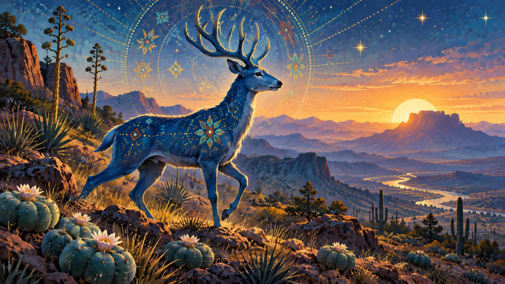 La Leyenda del Venado Azul Huichol 1 Ilustración de un venado azul en un paisaje montañoso al amanecer, evocando la leyenda wixárika de Nayarit.