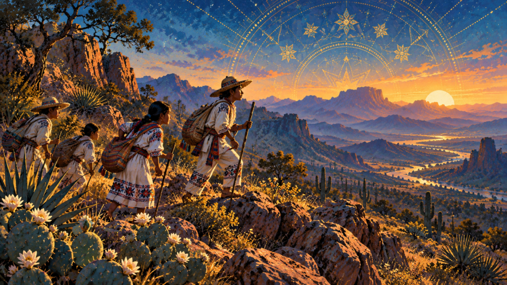 La Leyenda del Venado Azul Huichol 2 Ilustración de jóvenes caminando por un paisaje montañoso en busca de alimento, inspirada en la leyenda del Venado Azul.