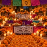 Altar de Día de Muertos con flores de cempasúchil, velas, pan de muerto y papel picado