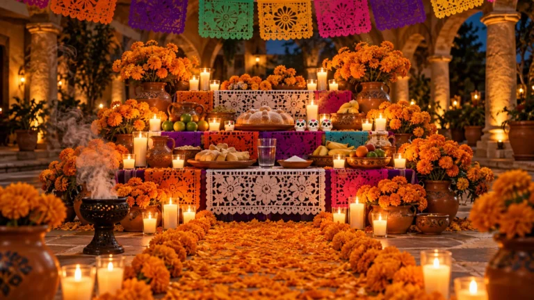 Altar de Día de Muertos con flores de cempasúchil, velas, pan de muerto y papel picado