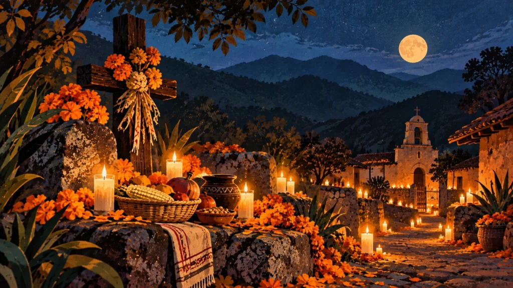 Día de Muertos en Nayarit: tradiciones y festivales 2026 4 Ilustración de una tumba con ofrendas y velas en la sierra de Nayarit, bajo la luna llena