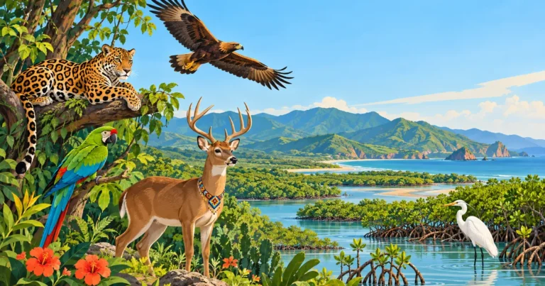 Jaguar, águila, guacamaya verde, venado y garza en un paisaje de sierra, manglar y costa de Nayarit. Ilustración generada con IA.