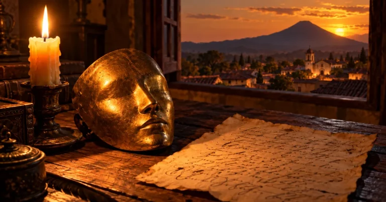 Indio Mariano, el rey de la máscara de oro de Tepic 1 Máscara de oro junto a una carta manuscrita y una vela, con un pueblo colonial y un volcán al fondo. Ilustración generada con IA.